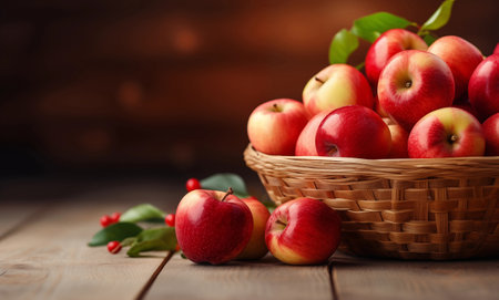 Ripe red apples in a wicker basket on a wooden backgroundの素材