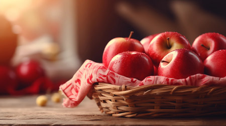 Ripe red apples in wicker basket on wooden table in kitchenの素材