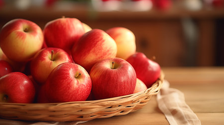 Basket with fresh red apples on wooden table, closeup viewの素材
