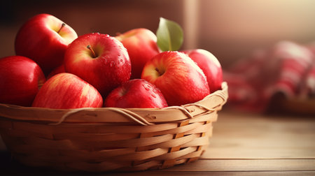 Ripe red apples in a basket on a wooden background. Selective focus.の素材