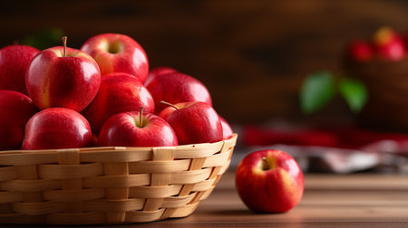Basket with red apples on wooden table, closeup. Space for textの素材