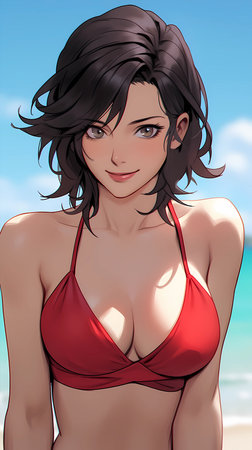 Sexy woman in bikini on the beach. 3D illustration.の素材