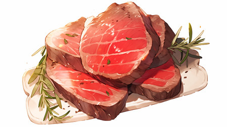 Illustration of a piece of fresh tuna with rosemary on a white backgroundの素材
