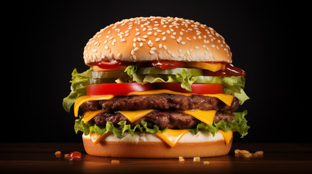 Cheeseburger on wooden table with black background, close upの素材