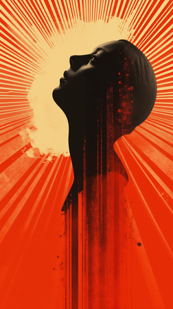 Silhouette of a man's head against a red background.の素材