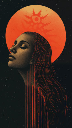 Illustration of a beautiful woman in front of a full moon.の素材