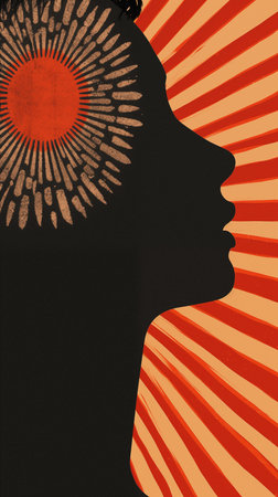 Silhouette of a woman's head with sunburst in the backgroundの素材