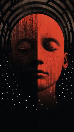 A double exposure portrait of a young woman with eyes closed and a maze in the background.の素材