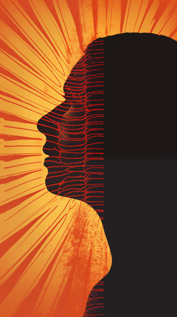 Silhouette of a man's head on an orange background.の素材