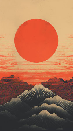 Sunrise and Mt. Fuji, Japan. Vintage style. Digital painting.の素材