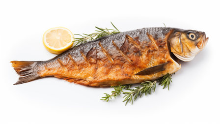 Grilled fish with lemon and rosemary isolated on white background.の素材