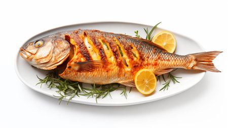 Roasted fish with lemon and rosemary on plate, isolated on whiteの素材