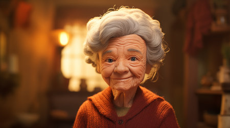 Portrait of an elderly woman in a red sweater at home.の素材
