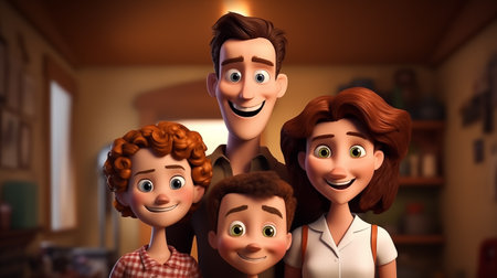Happy family. Father, mother, son and daughter. 3d renderingの素材