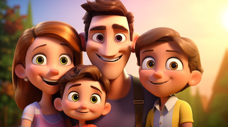Happy family in the park at sunset. 3D illustration. Cartoon style.の素材