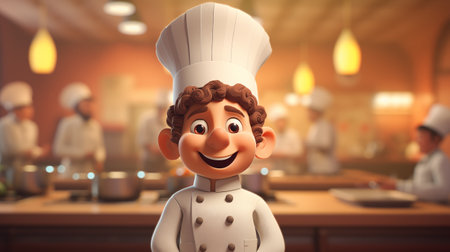 3d rendering of a cartoon character in a chef's hat standing in the kitchenの素材
