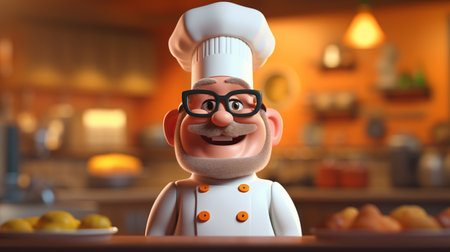 3d illustration of a cartoon chef in the kitchen. 3d renderingの素材