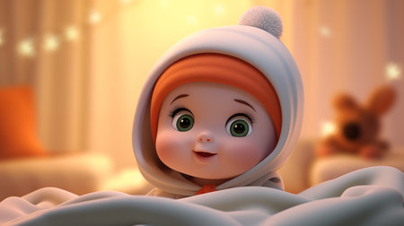 Cute little baby in winter clothes on the bed. 3d renderingの素材