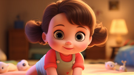 Cute little girl playing on the bed. 3d rendering.の素材