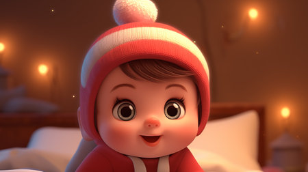 Cute little girl in a red knitted hat on the bed.の素材