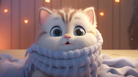 Cute white cat with blue eyes in a knitted scarf.の素材