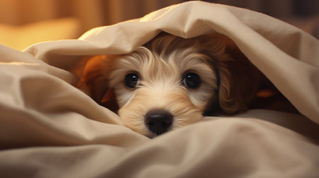 Cute puppy under blanket on bed at home, closeup viewの素材