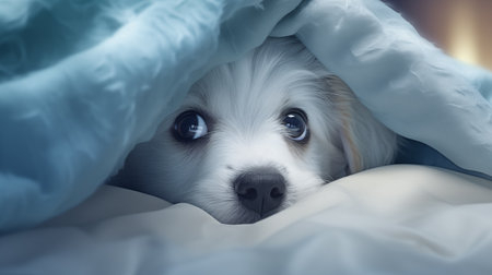 Cute dog peeking out from under the blanket. Close-up.の素材