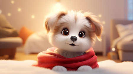 Cute little dog with scarf on bed at home. Winter vacationの素材