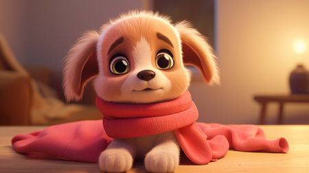 Cute puppy in scarf on wooden table at home. 3d renderingの素材