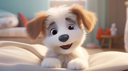 Cute dog with funny face on sofa in room. Adorable petの素材