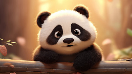 Cute panda bear in the forest. 3D rendering.の素材