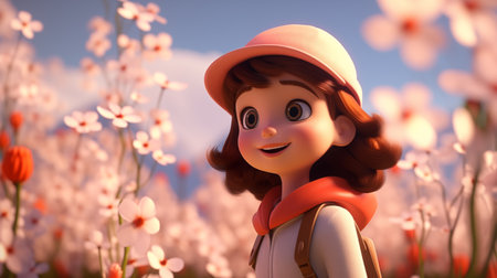 3d illustration of a cute girl in a spring flower field.の素材
