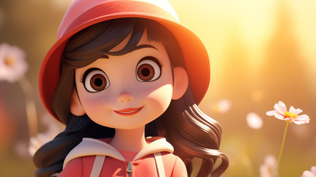3d illustration of a cute little girl in a hat and coatの素材