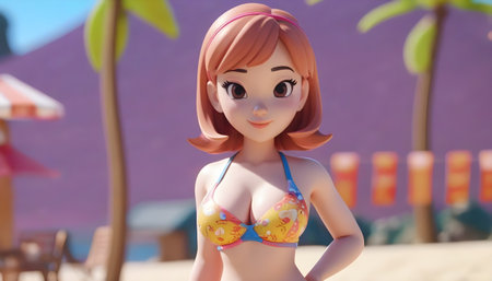 A figure of a Japanese anime cosplay character in a swimming pool.の素材