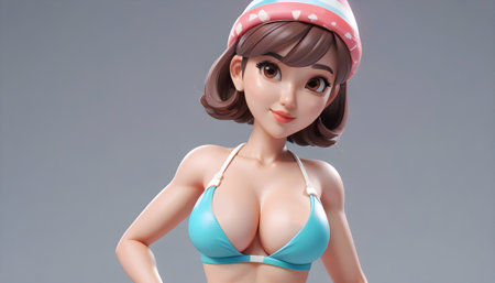 Beautiful asian woman in bikini, studio shot on gray backgroundの素材