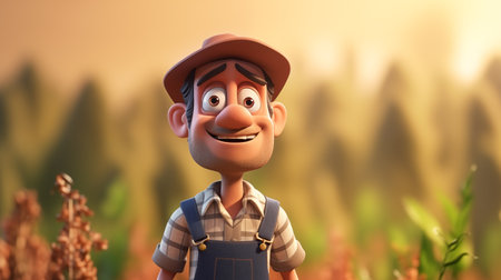 Farmer in cornfield. 3d render illustration with selective focusの素材