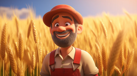Farmer standing in wheat field with smiley face. 3d renderingの素材