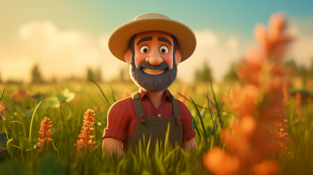 Farmer with a beard and mustache in the field. 3d renderingの素材