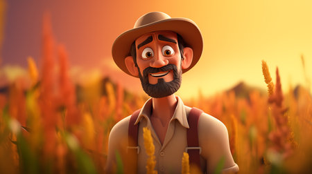 Farmer in wheat field at sunset. 3D illustration. Retro style.の素材