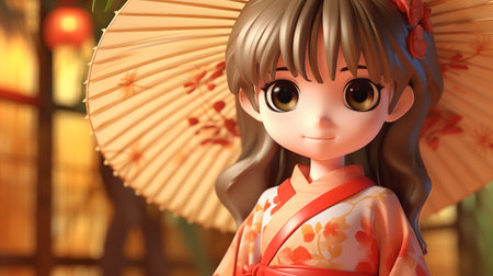 3D rendering of a cute Japanese girl wearing a kimonoの素材