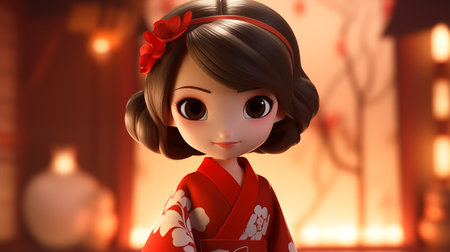 3D illustration of a Japanese girl with a red kimonoの素材
