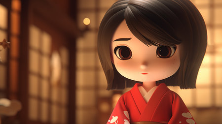 Japanese girl in a red kimono. 3D rendering.の素材