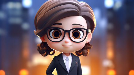 Business woman wearing glasses and standing in a city. 3D rendering.の素材