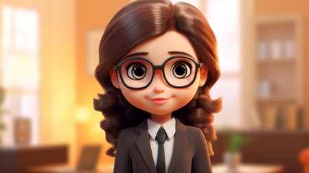 3d illustration of cute businesswoman with eyeglasses in officeの素材
