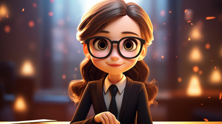 Young businesswoman with glasses sitting at the table. 3d rendering.の素材