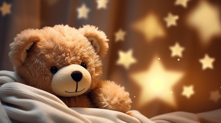 Cute teddy bear lying in bed with stars on background.の素材