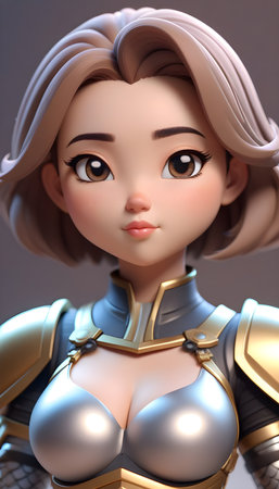 3D Illustration of a female knight with a helmet and armorの素材