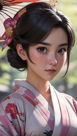 Japanese geisha in kimono with a fan in her handの素材