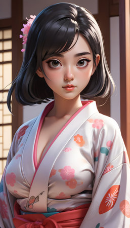 3D illustration of a Japanese geisha in a kimonoの素材