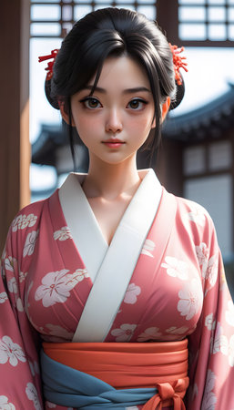 beautiful asian kimono woman in japanese templeの素材
